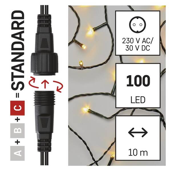 Spojovacia reťaz EMOS 100 LED Standard, 10 m, vonkajšia aj vnútorná, teplá biela, časovač 

