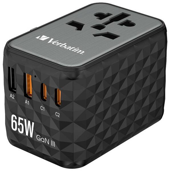 Cestovný adaptér Verbatim UTA-05 GaN III, 2x USB-C PD 65W & QC 4+, 2x USB-A čierny

