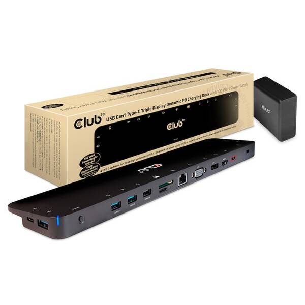 Dokovacia stanica Club3D USB-C 3.2 s napájacím adaptérom Triple Display Dynamic PD, 100 W čierna

