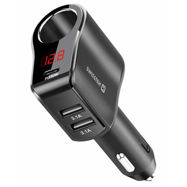 Adaptér do auta Swissten 1x CL, 1x UCB-C PD a 2x USB-A, 108 W - 216 W čierna

