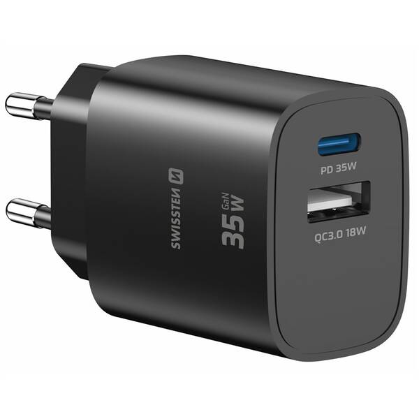 Nabíjačka do siete Swissten EDGE GaN 1x USB-C PD 35W/1x USB-A 18W QC čierna

