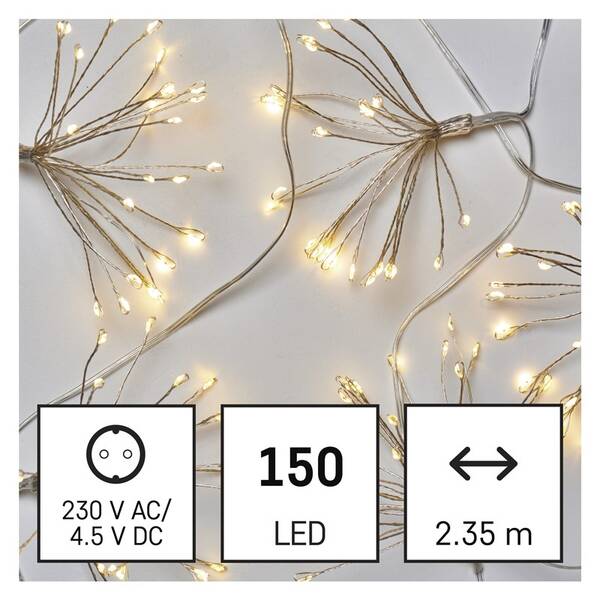 Vianočné osvetlenie EMOS 150 LED reťaz - svietiace trsy, nano, 2,35 m, vnútorná, teplá biela, časovač 

