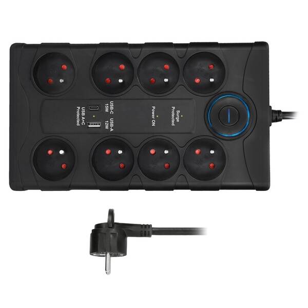 Prepäťová ochrana Solight 8x zásuvka, USB A + C, 2m čierna

