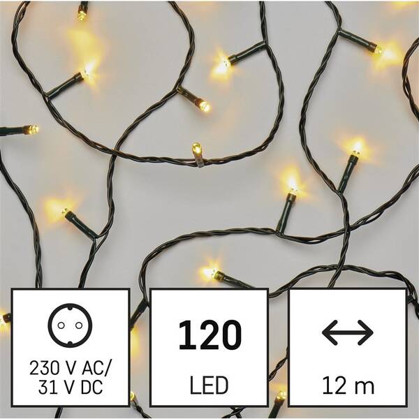 LED reťaz EMOS 120LED reťaz, 12 m, vonkajšia aj vnútorná, teplá biela, programy, časovač 

