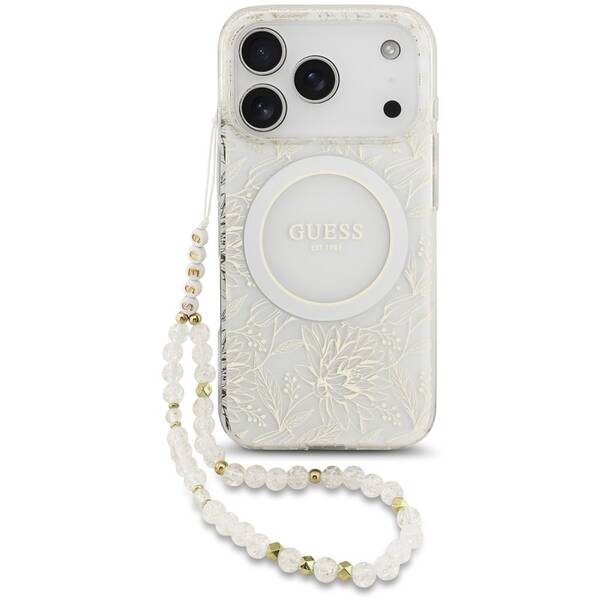 Kryt na mobil Guess IML Flowers Allover Strap MagSafe na Apple iPhone 17 Pro biely

