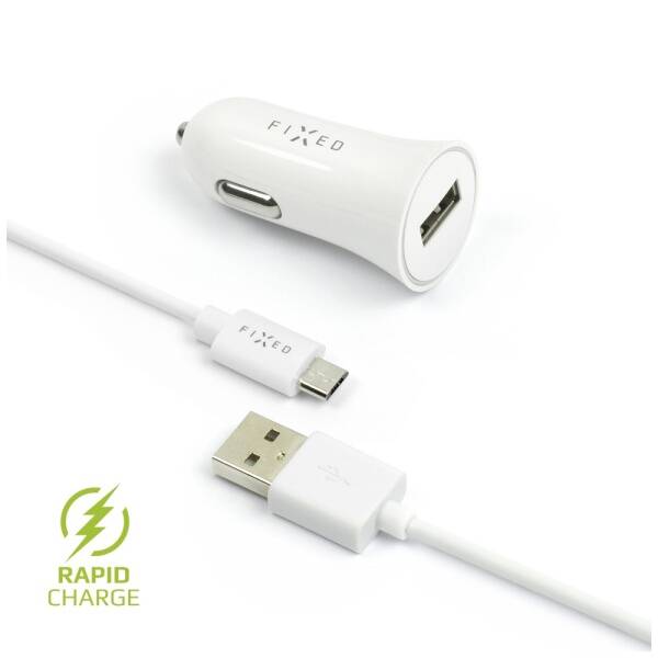 Adaptér do auta FIXED 1x USB, 2,4 A + micro USB kábel biely

