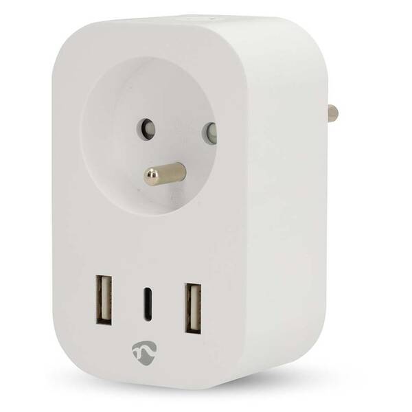 Inteligentná zásuvka Nedis SmartLife, merač spotreby, diaľkovo ovládateľná, Wi-Fi, 1x USB-C + 2x USB, IP21, 3680 W biela

