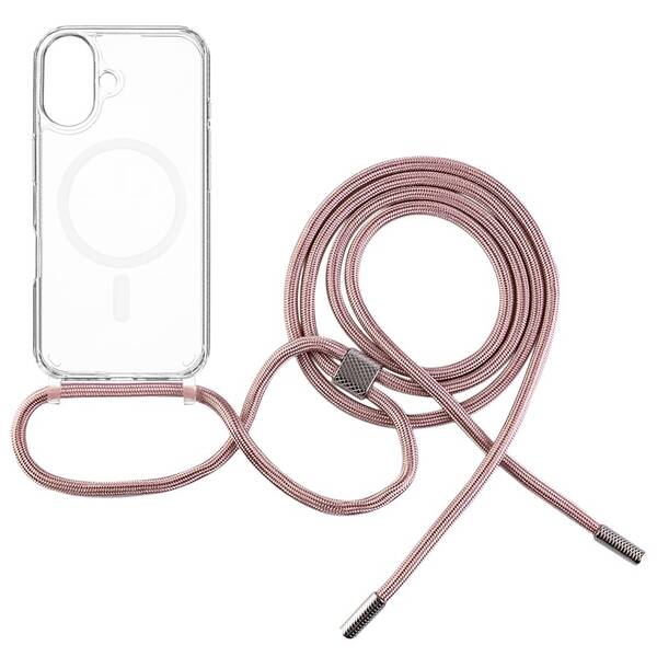 Kryt na mobil FIXED MagPure Neck s ružovou šnúrkou na krk na Apple iPhone 16 Plus priehľadný

