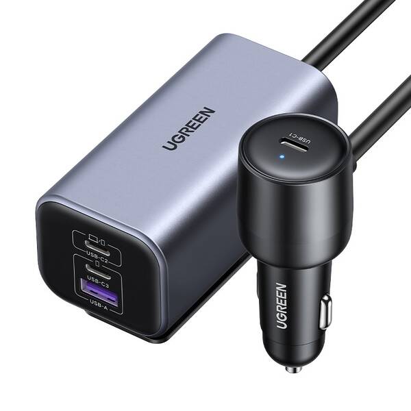 Adaptér do auta UGREEN 150 W USB-C s rozšírením o Hub USB-A/2xUSB-C čierny/strieborný

