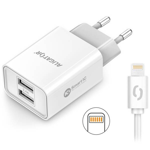 Nabíjačka do siete Aligator 2,4A, 2xUSB, smart IC, USB kábel pre Apple biela


