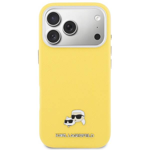 Kryt na mobil Karl Lagerfeld PU Karl and Choupette Heads Pins MagSafe na Apple iPhone 17 Pro žltý

