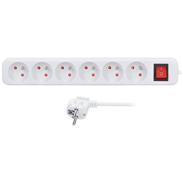 Kábel predlžovací Solight 6 zásuvky, vypínač, 3 x 1.5mm2, 3 m biely

