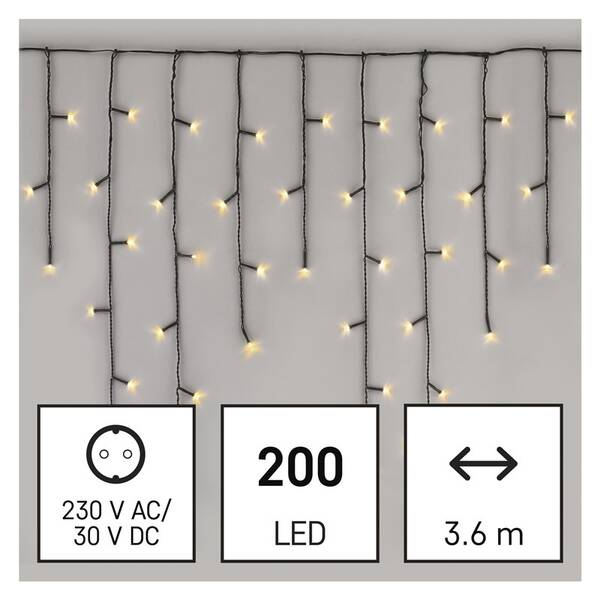 Vianočné osvetlenie EMOS 200 LED cencúle, 3,6 m, vonkajšie aj vnútorné, teplá biela, programy 


