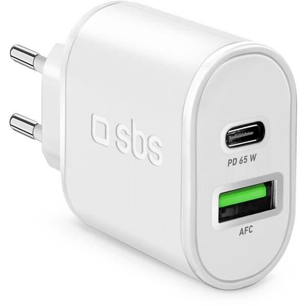 Nabíjačka do siete SBS 1x USB-C/1x USB-A GaN PD 65 W/18 W biela

