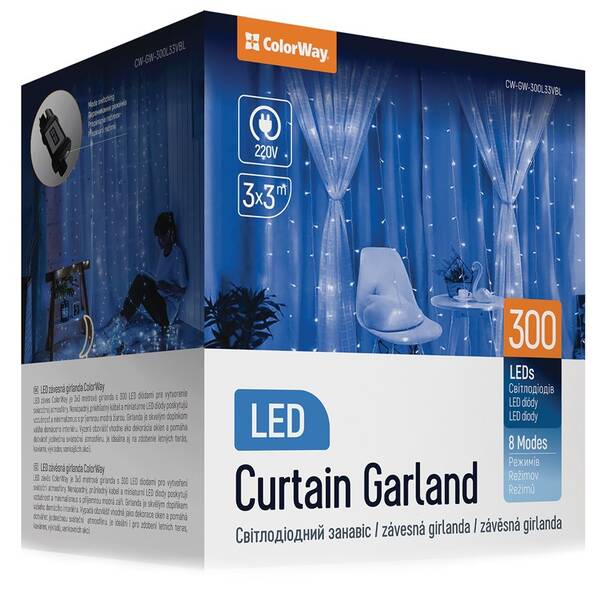 Vianočné osvetlenie ColorWay vnútorné, 300 LED, 3× 3m, 220–240V AC, modrá 

