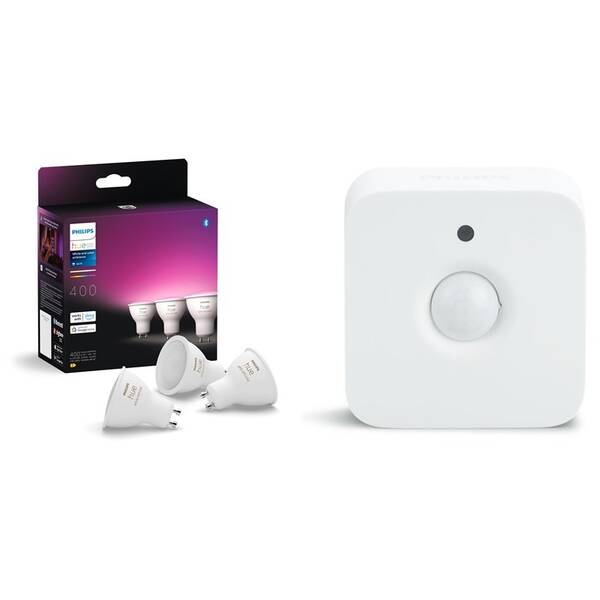 Inteligentná žiarovka Philips 4.2W, GU10, Biela a farba Ambiance, 3 ks + Senzor Philips Hue pohybový 

