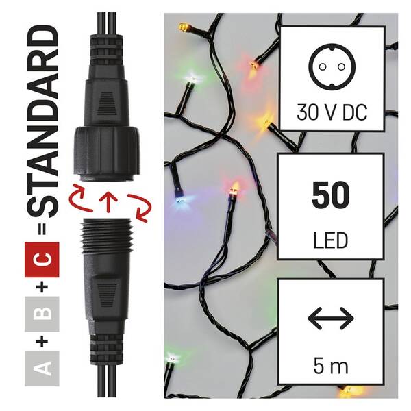 Spojovacia reťaz EMOS 50 LED Standard, 5 m, vonkajšie aj vnútorné, multicolor, časovač 

