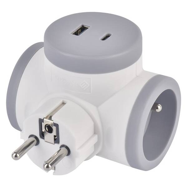 Rozbočovacia zásuvka EMOS 2x zásuvka, 1x USB, 1x USB-C sivá/biela

