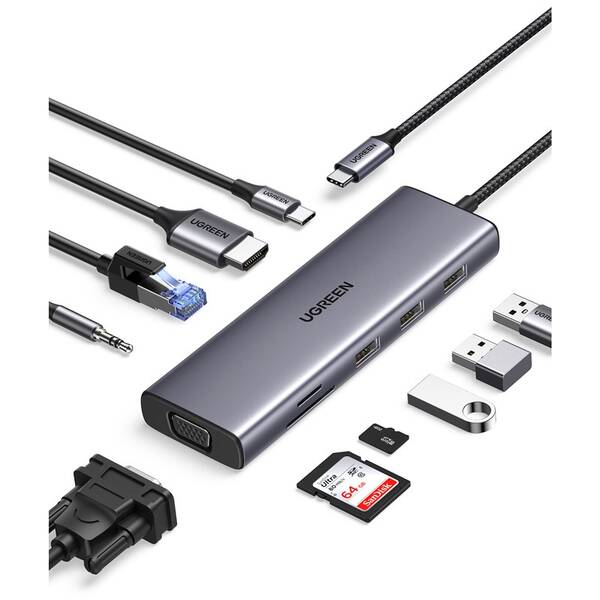 Dokovacia stanica UGREEN USB-C/3×USB, SD, VGA, 3,5mm Jack, RJ45, HDMI sivá

