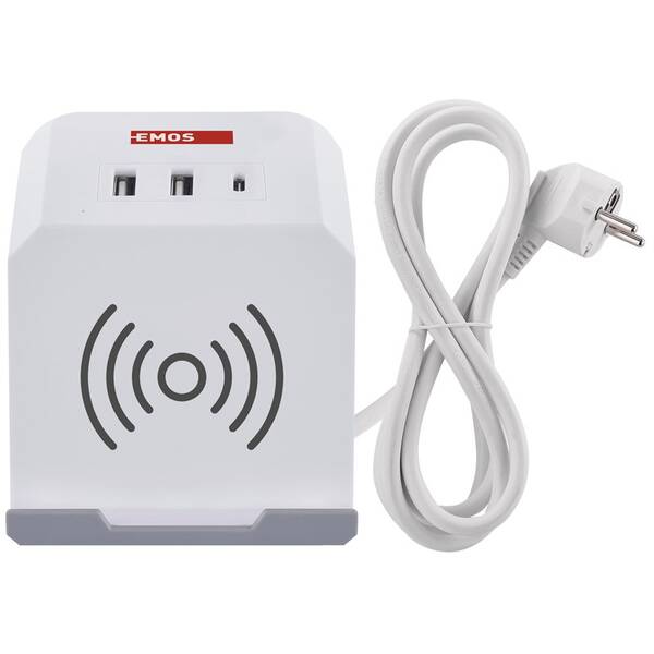 Kábel predlžovací EMOS kocka, 2x zásuvka, 2×USB-A + 1×USB-C+ bezdrôtové nabíjanie, 2m biely

