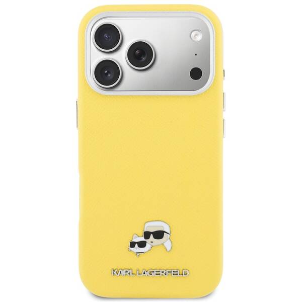 Kryt na mobil Karl Lagerfeld PU Karl and Choupette Heads Pins MagSafe na Apple iPhone 17 Pro Max žltý

