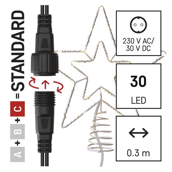 Spojovacia reťaz EMOS 30 LED Standard spojovacia vianočná hviezda, 28,5 cm, vonkajšia aj vnútorná, teplá biela, časovač 

