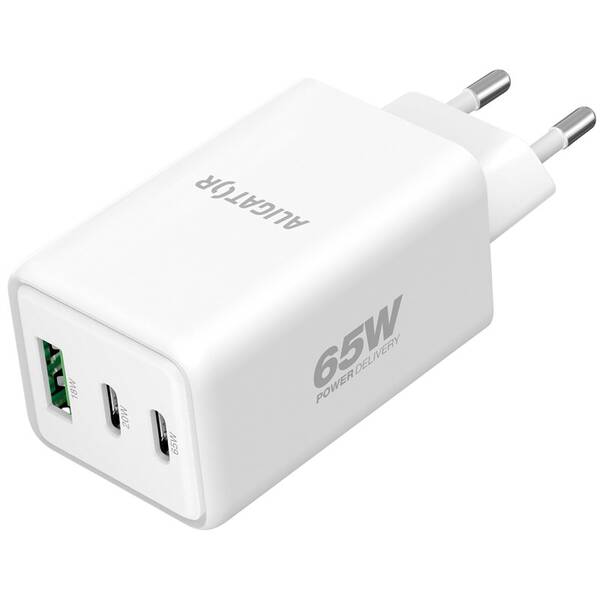 Nabíjačka do siete Aligator Power Delivery 65W, GaN, 1× USB-A + 2× USB-C biela

