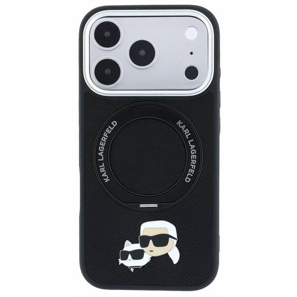 Kryt na mobil Karl Lagerfeld PU Grained K&CH Heads Ring Stand Magsafe na Apple iPhone 18 Pro Max čierny

