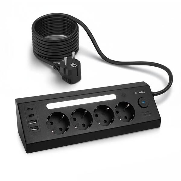 Kábel predlžovací Huslog 15W 4xzásuvka, 2xUSB-C, 2xUSB, 1x LED svetlo čierny

