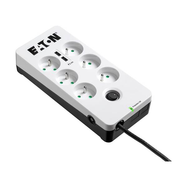 Prepäťová ochrana Eaton Protection Box 6 USB FR, 6x zásuvka, zaťaženie 10A, 2x USB, 1,5m čierna/biela


