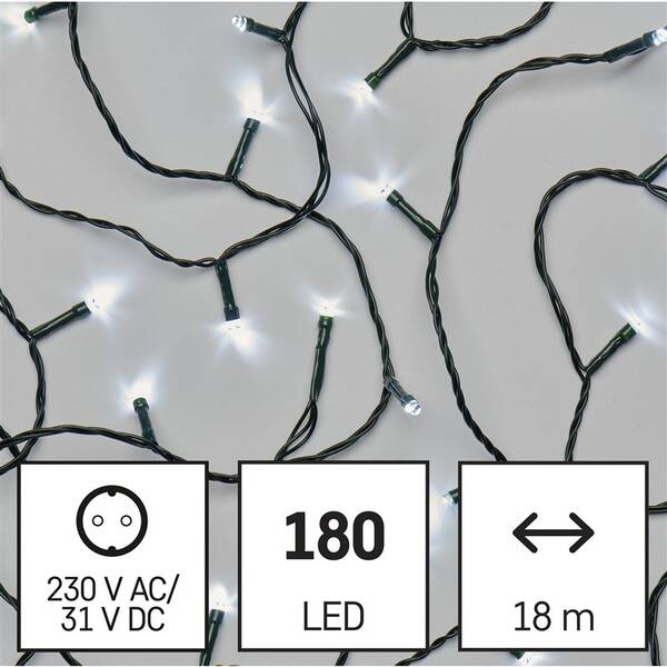 LED reťaz EMOS 180LED reťaz, 18 m, vonkajšia aj vnútorná, studená biela, programy, časovač 

