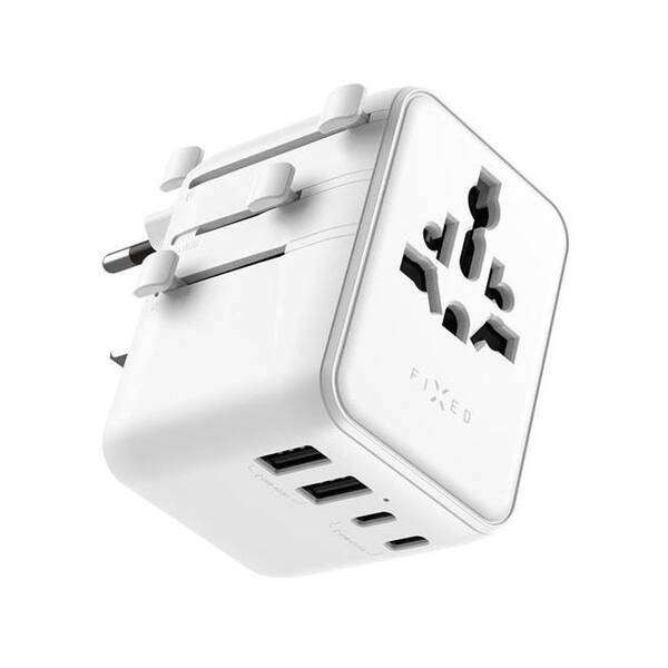 Cestovný adaptér FIXED Voyager, 70W pre EÚ, UK a USA/AUS, 3xUSB-C a 2xUSB, GaN biely

