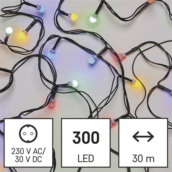 LED reťaz EMOS 300LED cherry reťaz - guličky, 30 m, vonkajšie aj vnútorné, multicolor, programy, časovač 

