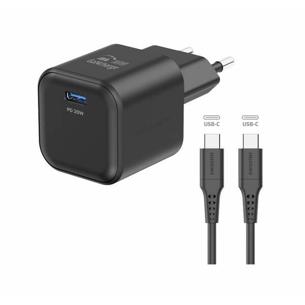 Nabíjačka do siete Swissten GAN 1x USB-C 20W PD + Dátový kábel USB-C/USB-C 1,2 M čierna

