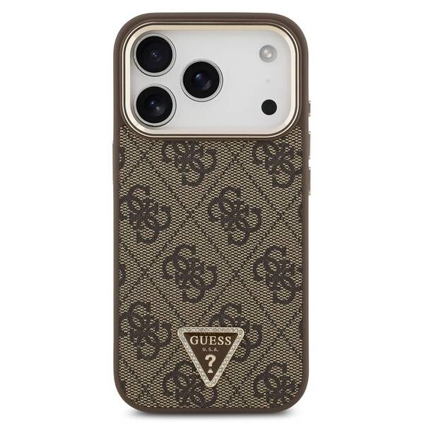 Kryt na mobil Guess 4G Strass Triangle Logo Gold Frame MagSafe na Apple iPhone 18 Pro hnedý


