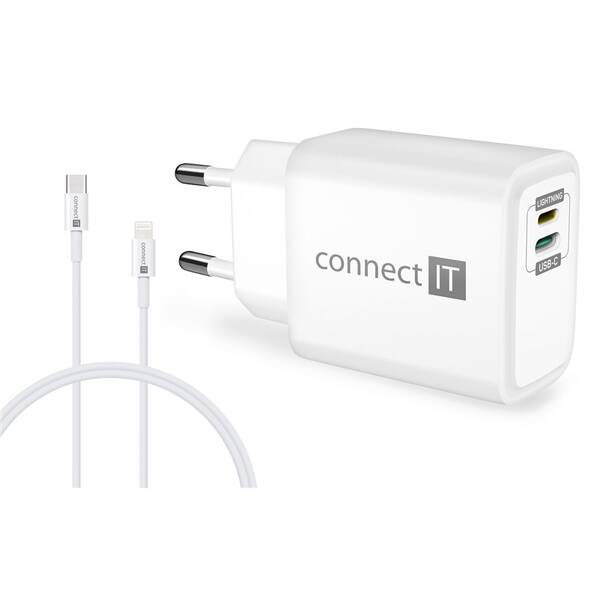Nabíjačka do siete Connect IT 1x Lightning + 1×USB-C, 20W + kabel Lightning/USB-C biela

