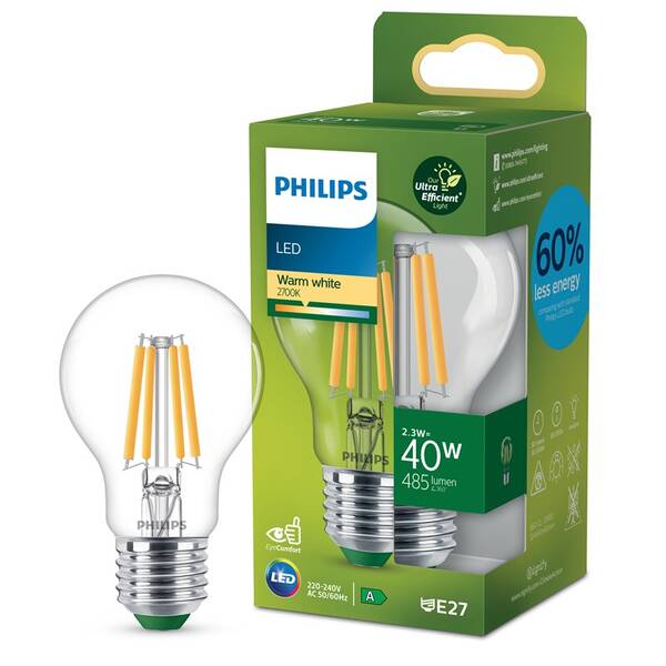 LED žiarovka Philips 40W, filament, A60, E27, teplá bílá 

