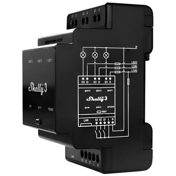Modul Shelly Pro 3, 3x 16A na DIN lištu, Wi-Fi, LAN 

