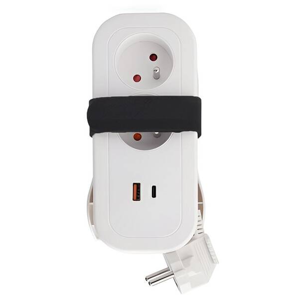 Kábel predlžovací Solight 2x zásuvka, USB A + C 20W, 1,5m biely

