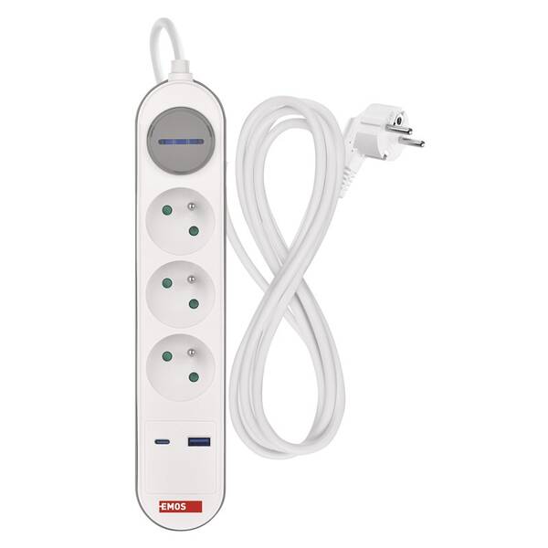 Kábel predlžovací EMOS 3x zásuvka, Fast Charging, 1x USB, 1x USB-C, vypínač, 2 m sivý/biely

