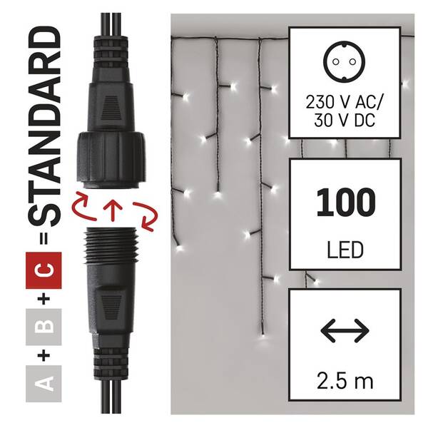 Spojovacia reťaz EMOS 100 LED Standard - cencúle, 2,5 m, vonkajšie, studená biela, časovač 


