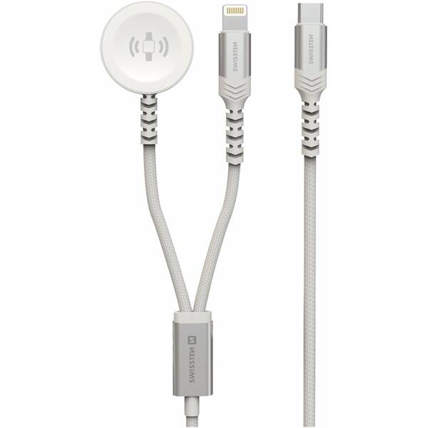 Nabíjací kábel Swissten 2v1 pro Apple Watch USB-C/Lightning 1,2 m biely

