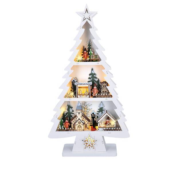 LED dekorácie Solight drevený vianočný stromček s dekoráciami, 13x LED, biela, 53cm, 2x AA 

