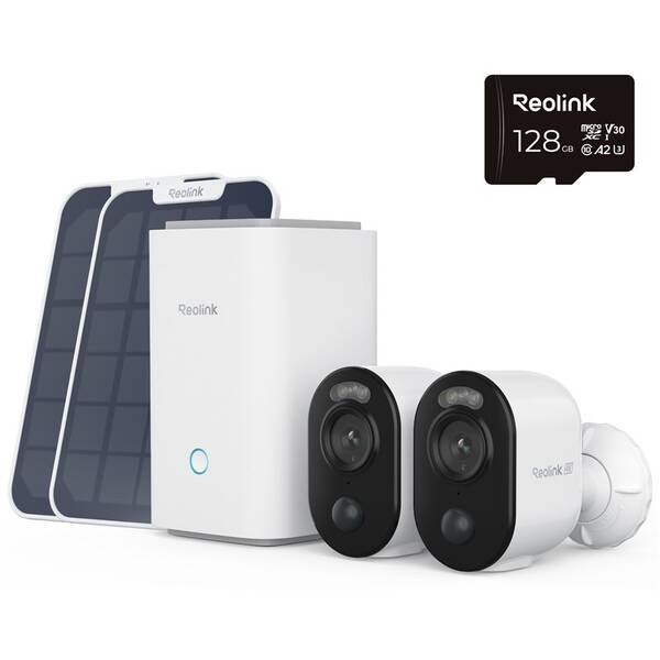 IP kamera Reolink 2x Argus Series B350 + Hub1 + Solar Panel + 128GB microSD karta biela

