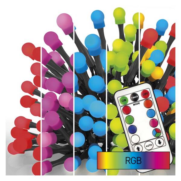 Vianočné osvetlenie EMOS 96 LED cherry reťaz - guličky, 10 m, RGB, ovládač, programy, časovač 

