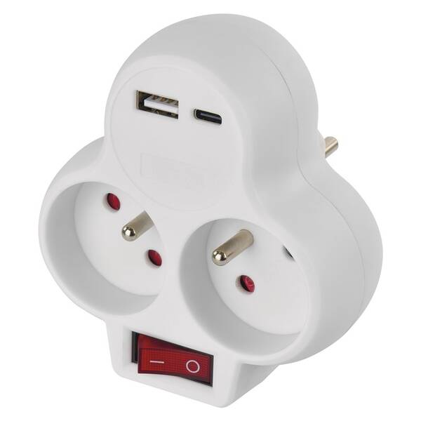 Rozbočovacia zásuvka EMOS 2x zásuvka, 1x USB, 1x USB-C, vypínač biela

