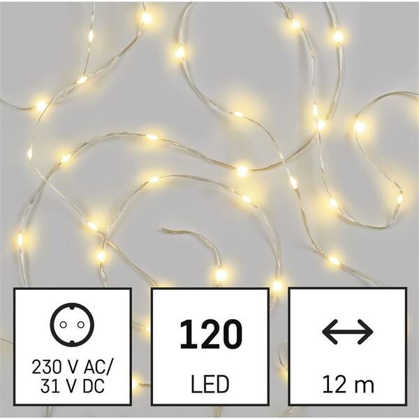 Vianočné osvetlenie EMOS 120 LED drop reťaz, 12 m, vonkajšie aj vnútorné, teplá biela, časovač 

