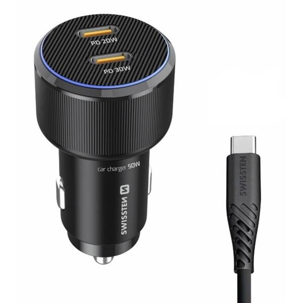 Adaptér do auta Swissten 2x USB-C PD, 50W + USB-C kábel 1m čierny

