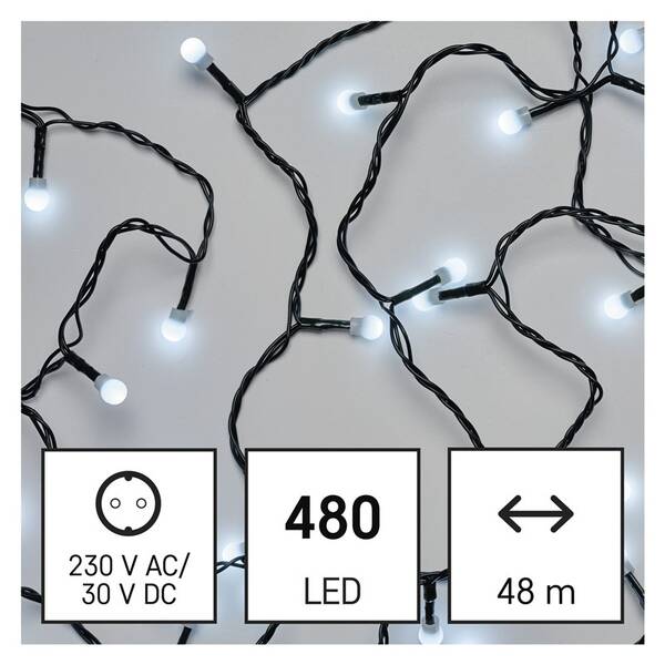 Vianočné osvetlenie EMOS 480 LED cherry reťaz - guličky, 48 m, vonkajšia aj vnútorná, studená biela, časovač 

