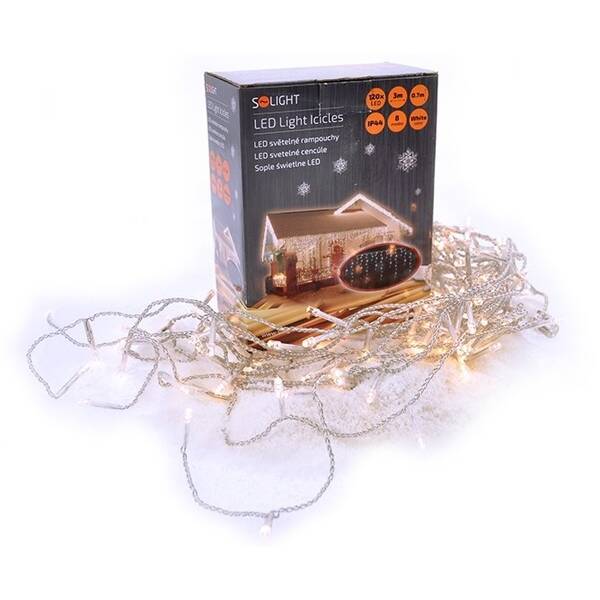 Vianočné osvetlenie Solight záves - cencúle, 120 LED, 3m x 0,7m + 6m, vonkajšie, teplá biela 

